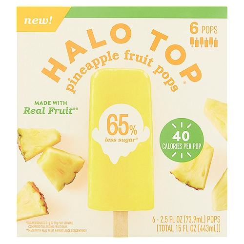 Made with real fruit**n**Made with Real Fruit & Fruit Juice ConcentratennReal Fruit Makes It Real GoodnHalo Top® Pineapple Fruit pops are made with real shreds of juicy pineapple for a refreshing taste of the tropics that is full of flavor and not much else. And we really mean not much else. Each pop has only 40 calories and 65% less sugar than traditional fruit bars*. Trust us, you won't miss it.n*Sugar Reduced 31g to 10g per Serving Compared to Leading Fruit Bars