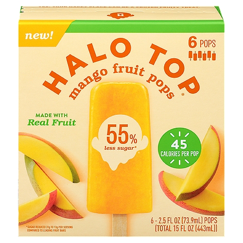 Halo Top Mango Fruit Pops, 2.5 fl oz, 6 count
Real Fruit Makes It Real Good
Halo Top® Mango Fruit pops are made with real sweet and juicy mangos for a simple, refreshing taste that is full of flavor and not much else. And we really mean not much else. Each pop has only 45 calories and 55% less sugar than traditional fruit bars*. Trust us, you won't miss it.
*Sugar Reduced 31g to 13g per Serving Compared to Leading Fruit Bars