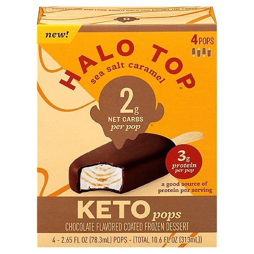 Halo Top Sea Salt Caramel Keto Pops, 2.65 fl oz, 4 count
Chocolate Flavored Coated Frozen Dessert

Limit Carbs Not Happiness
Hard to believe these Halo Top® Keto Pops have the chocolaty & caramelly goodness you want with only 2 grams net carbs per pop. We know, we blew our own minds.
Now there is no need to give up the deliciousness of a creamy frozen treat for a keto lifestyle.
When the dessert is this good, going Keto is a breeze.

14g total carbs - 5g dietary fiber - 7g sugar alcohol = 2g net carbs

Everything You Love about Halo Top® Except the Cards.