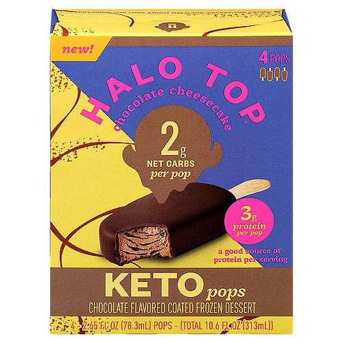 Halo Top Chocolate Cheesecake Keto Pops, 2.65 fl oz, 4 count
Chocolate Flavored Coated Frozen Dessert

Limit Carbs Not Happiness
Hard to believe these Halo Top® Keto Pops have the Sweet, chocolaty goodness you want with only 2 grams net carbs per pop. We know, we blew our own minds.
Now there is no need to give up the deliciousness of a creamy frozen treat for a keto lifestyle.
When the dessert is this good, going Keto is a breeze.

14g total carbs - 5g dietary fiber - 7g sugar alcohol = 2g net carbs

Everything You Love about Halo Top® Except the Carbs.