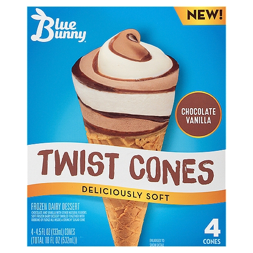 Blue Bunny Twist Cones Chocolate Vanilla Frozen Dairy Dessert, 4.5 fl oz
Chocolate and Vanilla with Other Natural Flavors Soft Frozen Dairy Dessert Swirled Together with Ribbons of Fudge All Inside a Crunchy Sugar Cone