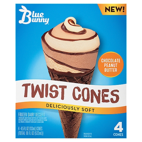 Blue Bunny Twist Cones Chocolate Peanut Butter Frozen Dairy Dessert, 4.5 fl oz, 4 count
Chocolate and Peanut Butter Soft Frozen Dairy Dessert Swirled Together with Ribbons of Fudge All Inside a Crunchy Chocolate Sugar Cone