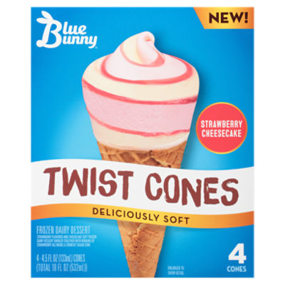 Blue Bunny Strawberry Cheesecake Twist Cones Frozen Dairy Dessert, 4.5 fl oz, 4 count