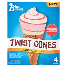 Blue Bunny Strawberry Cheesecake Twist Cones Frozen Dairy Dessert, 4.5 fl oz, 4 count
