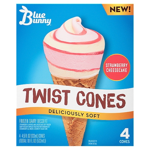 Blue Bunny Strawberry Cheesecake Twist Cones Frozen Dairy Dessert, 4.5 fl oz, 4 count
Strawberry Flavored and Cheesecake Soft Frozen Dairy Dessert Swirled Together with Ribbons of Strawberry All Inside a Crunchy Sugar Cone
