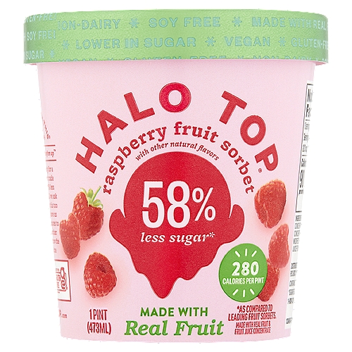 Halo Top Raspberry Fruit Sorbet, 1 pint
Let's Not Rush This®
I need time to soften up™
We know you're ready for a delicious frozen treat made with real fruit and 58% less sugar*- we are, too! All we ask is that you don't rush this too quickly. It's best to leave us out for a couple of minutes to soften up for a smoother experience. We all know the best things take time
*Sugar Reduced 36g to 15g per Serving Compared to Leading Fruit Sorbets