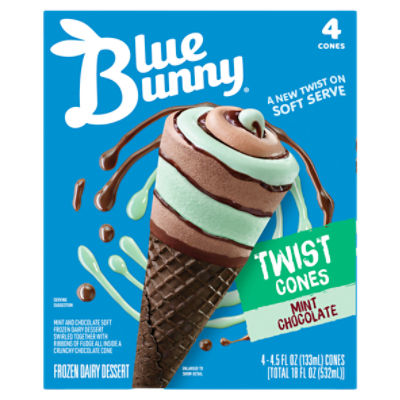 Blue Bunny Twist Cones Mint Chocolate Frozen Dairy Dessert, 4.5 fl oz, 4 count