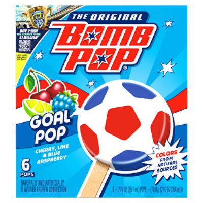 Bomb Pop The Original Goal Pop Cherry, Lime & Blue Raspberry Frozen Confection, 2 fl oz, 6 count, 12 Fluid ounce