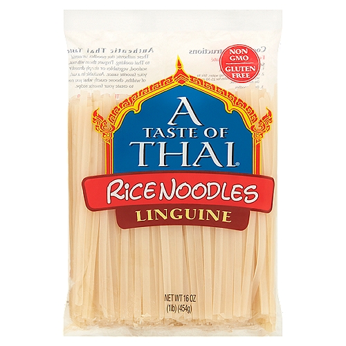 A Taste of Thai Linguine Rice Noodles, 16 oz
Authentic Thai Taste
These authentic rice noodles are essential to Thai cooking. Prepare them with meat, seafood, vegetables or simply dressed in your favorite sauce. Available in a variety of widths, choose exactly what you need to create your favorite recipe.