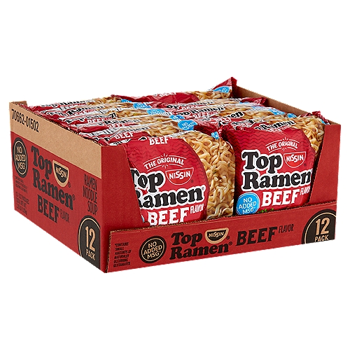 Nissin Top Ramen The Original Beef Flavor Ramen Noodle Soup, 3 oz, 12 count
No Added MSG*
*Contains Small Amounts of Naturally Occurring Glutamates