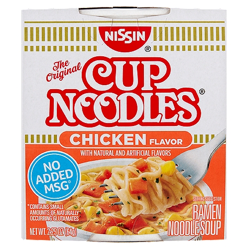 Nissin The Original Cup Noodles Chicken Flavor Ramen Noodle Soup, 2.25 oz
No Added MSG*
*Contains Small Amounts of Naturally Occurring Glutamates

Much More than a Soup®