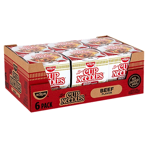 Nissin The Original Cup Noodles Beef Flavor Ramen Noodle Soup, 2.25 oz, 6 count
No Added MSG*
*Contains Small Amounts of Naturally Occurring Glutamates