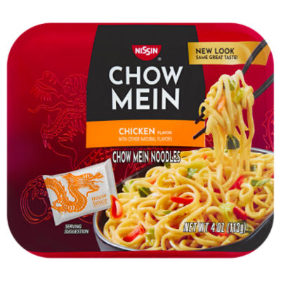 Nissin Chow Mein Chicken Flavor Chow Mein Noodles, 4 oz
Chow Mein noodles, Roasted Chili, bok choy, cabbage & carrots with a Savory Sauce included

No Added MSG*
*Contains Small Amounts of Naturally Occurring Glutamates