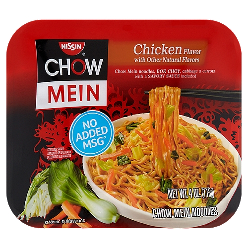 Nissin Chow Mein Chicken Flavor Chow Mein Noodles, 4 oz
Chow Mein noodles, Roasted Chili, bok choy, cabbage & carrots with a Savory Sauce included

No Added MSG*
*Contains Small Amounts of Naturally Occurring Glutamates