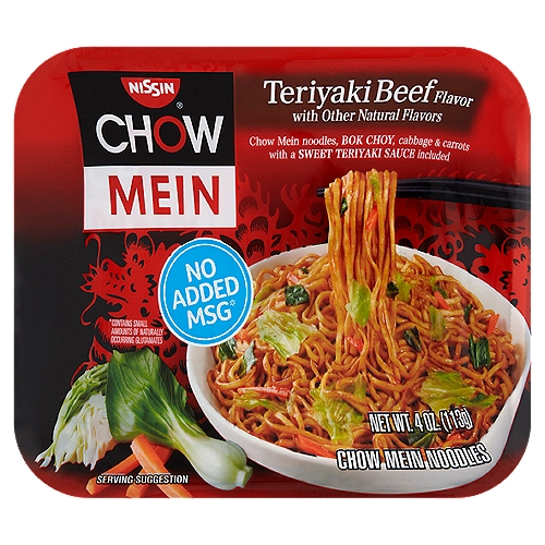 Nissin Teriyaki Beef Flavor Chow Mein Noodles, 4 oz
Chow Mein Noodles, Bok Choy, cabbage & carrots with a Sweet Teriyaki Sauce Included

No Added MSG*
*Contains Small Amounts of Naturally Occurring Glutamates