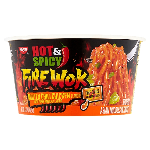 Nissin Hot & Spicy Fire Wok Molten Chili Chicken Flavor Stir Fry Asian Noodles in Sauce, 4.37 oz