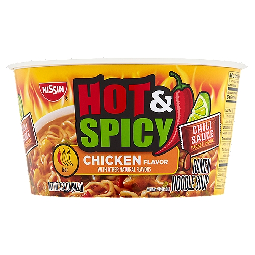 Nissin Chicken Flavor Hot & Spicy Ramen Noodle Soup, 3.32 oz
No Added MSG*
*Contains Small Amount of Naturally Occuring Glutamates