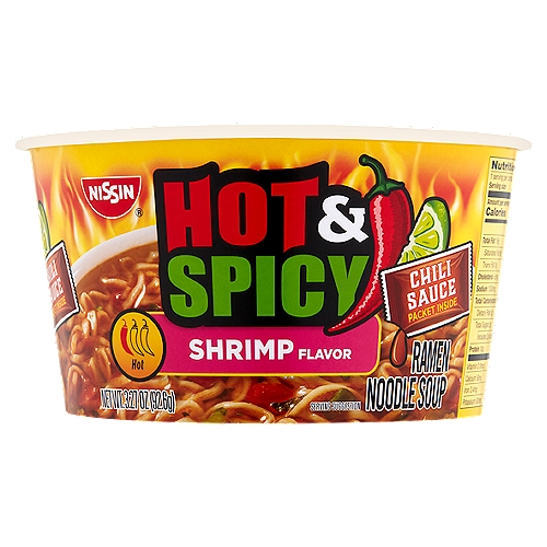 Nissin Hot & Spicy Shrimp Flavor Ramen Noodle Soup, 3.27 oz
No Added MSG*
*Contains Small Amounts of Naturally Occurring Glutamates