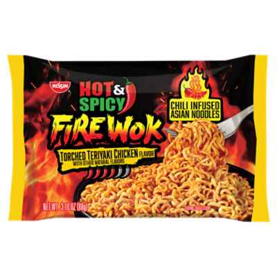 Nissin Hot & Spicy Fire Wok Torched Teriyaki Chicken Flavor Chili Infused Asian Noodles, 3.10 oz