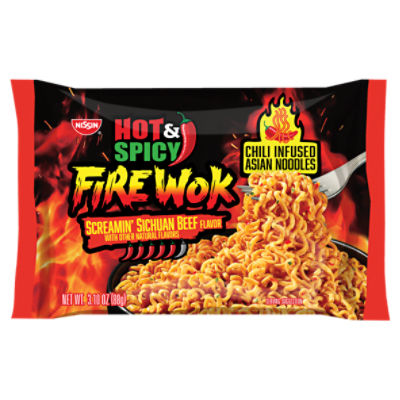 Nissin Hot & Spicy Fire Wok Screamin' Sichuan Beef Flavor Chili Infused Asian Noodles, 3.10 oz, 3.1 Ounce