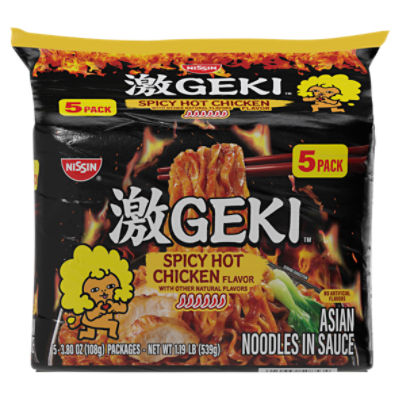 Nissin Geki Spicy Hot Chicken Flavor Asian Noodles in Sauce, 3.80 oz, 5 count