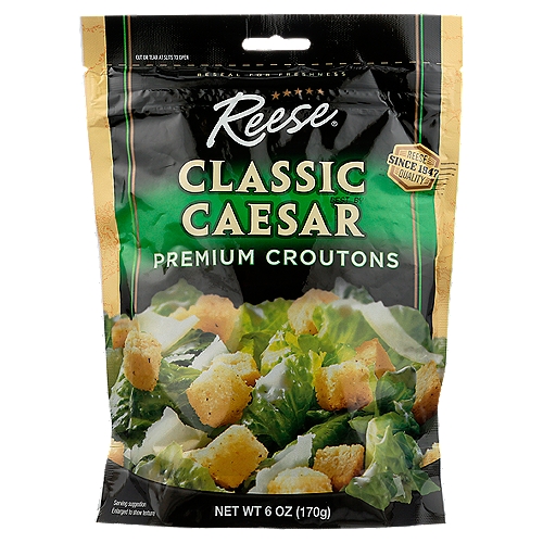 Reese Classic Caesar Premium Croutons, 6 oz
Croutons have become a standard in salad bowls all over America. But not all croutons are the same. Reese croutons are made from specially formulated dough that allows the crouton to retain the crispness and flavor that crouton lovers seek.

Reese Croutons are perfect in salads, soups, stuffings, as a casserole topping or as a snack from the bag!