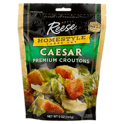 Reese Homestyle Large Cut Caesar Premium Croutons, 5 oz
Croutons have become a standard in salad bowls all over America. But not all croutons are the same. Reese croutons are made from specially formulated dough that allows the crouton to retain the crispness and flavor that crouton lovers seek.

Reese Croutons are perfect in salads, soups, stuffings, as a casserole topping or as a snack from the bag!