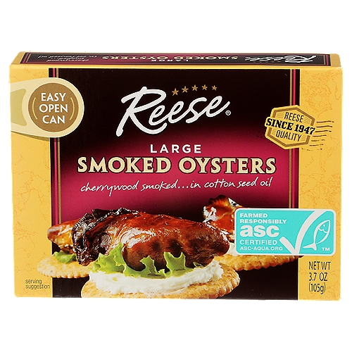 Reese Large Smoked Oysters, 3.7 oz
Large Smoked Oysters

Reese Oysters bring a special flair and rich flavor to appetizers, salads or your favorite stuffings. Long considered a delicacy, Reese Oysters add a delicious touch of class to your meals.