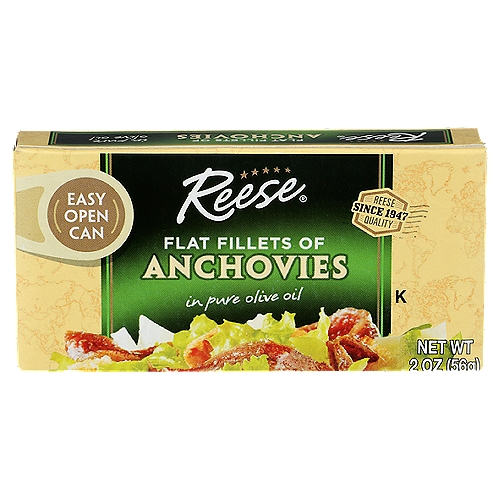 Reese Flat Fillets of Anchovies, 2 oz
Flat Anchovies

Reese Anchovies - treasured tiny fish from sunny shores - bring a tangy and exotic flair to your favorite sauces, dressings, salads, pizza or seafood.