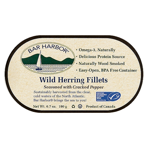 Bar Harbor Seasoned with Cracked Pepper Wild Herring Fillets, 6.7 oz
Delicious substitute for tuna in your favorite recipes. Perfect for creative hors d'oeuvres and snacks. Great as a salad topper.