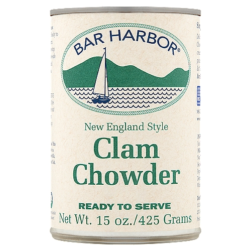 Simple. Honest. Seafood.nDelicious New England Clam Chowder, in EZ-open can, is a creamy blend of nutrient-rich protein, potatoes and seasonings. Just ''heat & eat'' Maine's perfect comfort food!nBar Harbor® brings the sea to you!