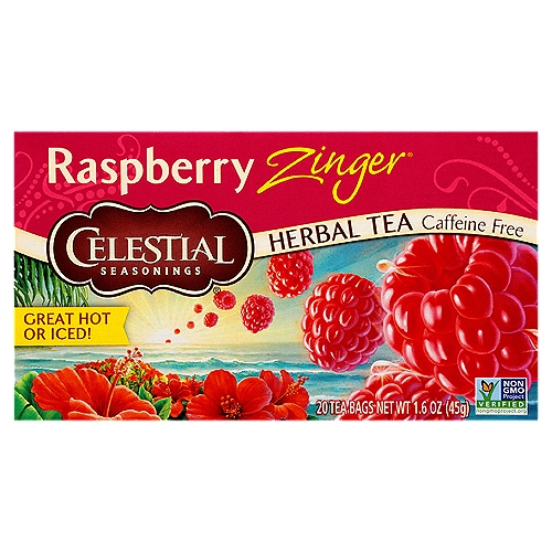 Celestial Seasonings Raspberry Zinger Herbal Tea Bags, 20 count, 1.6 oz
Blendmaster's Notes
Raspberry Zinger®
“This robust herbal brew gets its sweet-tart aroma and taste from tangy, fruity hibiscus (the 'zing' in every Zinger® tea) and ripe, red raspberry flavor. Served warm, this bold blend is soothing and satisfying. Served over ice and it's the very taste of a summer's day.''
Charlie Baden,
Celestial Seasonings Blendmaster