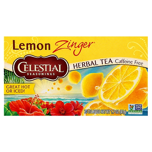 Celestial Seasonings Lemon Zinger Caffeine Free Herbal Tea 20ct
Blendmaster's Notes
Lemon Zinger®
“In this classic brew, we blend real lemons and lively lemongrass with hibiscus, the vibrant tropical flower that gives all Zinger® teas their signature tangy taste and ruby-red color. It's a bright tea that's perfect in any weather.''
Charlie Baden,
Celestial Seasonings Blendmaster