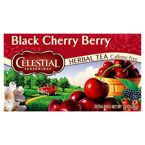Celestial Seasonings Black Cherry Berry Herbal Tea Bags, 20 count, 1.6 oz
Blendmaster's Notes
''Reminiscent of bright red fruit punch we drank as children, this nostalgic blend combines a burst of cherry and berry flavors with tart, ruby-red hibiscus and other herbs. It's delicious hot and a luscious little taste of summer over ice.''
Charlie Baden,
Celestial Seasonings Blendmaster