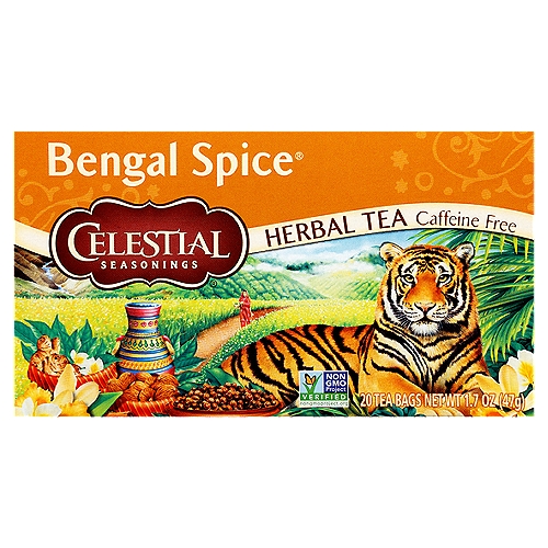 Celestial Seasonings Bengal Spice Herbal Tea Bags, 20 count, 1.7 oz
Blendmaster's Notes
“Brimming with cinnamon, ginger, cardamom and cloves, this adventurous blend is our caffeine-free interpretation of chai, the piquant Indian brew traditionally made with black tea. Try it with milk and sugar for a true chai experience.''
Charlie Baden,
Celestial Seasonings Blendmaster