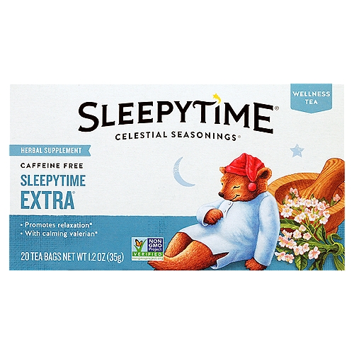 Celestial Seasonings Sleepytime Extra Wellness Tea Herbal Supplement, 20 count, 1.2 oz
Promotes relaxation*
With calming valerian*

This relaxing herbal tea starts with our time-honored Sleepytime® blend of chamomile, spearmint and other soothing herbs. We then add valerian, long trusted as a natural sleep aid, for an especially calming cup.* 
*These statements have not been evaluated by the Food & Drug Administration. This product is not intended to diagnose, treat, cure or prevent any disease.