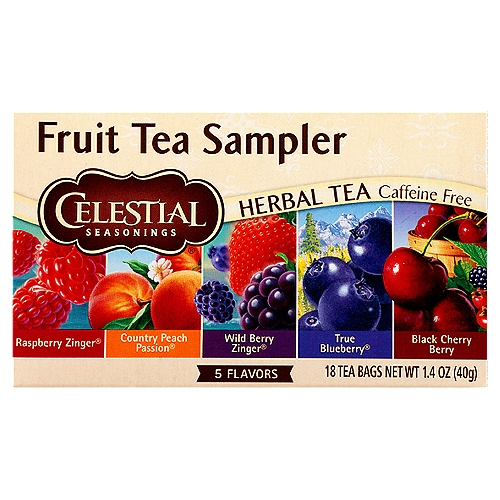 Celestial Seasonings 5 Flavors Fruit Tea Sampler Herbal Tea Bags, 18 count, 1.4 oz
Blendmaster's Notes
''Our lively fruit tea collection includes five of our most beloved teas brimming with fruit flavor. From the sweet, simple flavor of Black Cherry Berry, to the sophisticated tang of Wild Berry Zinger® tea, each of these herbal blends is' satisfying when hot and invigorating over ice.''
- Charlie Baden,
Celestial Seasonings Blendmaster