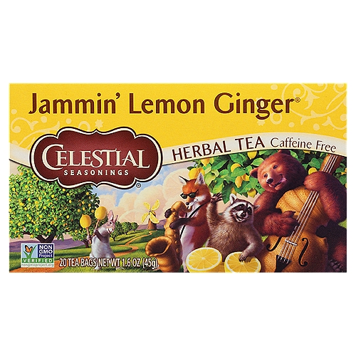 Celestial Seasonings® Jammin' Lemon Ginger® Caffeine Free Herbal Tea Bags 20 ct
Blendmaster's Notes
Jammin' Lemon Ginger®
''This uplifting blend combines spicy ginger - valued for its piquant taste and reputation as a digestive aid - with a cheerfully bright lemon flavor and aroma. You might say that the pairing of lemon and ginger hits 'just the right note' anytime you need a soothing and rejuvenating cup of tea.''
Charlie Baden,
Celestial Seasonings Blendmaster