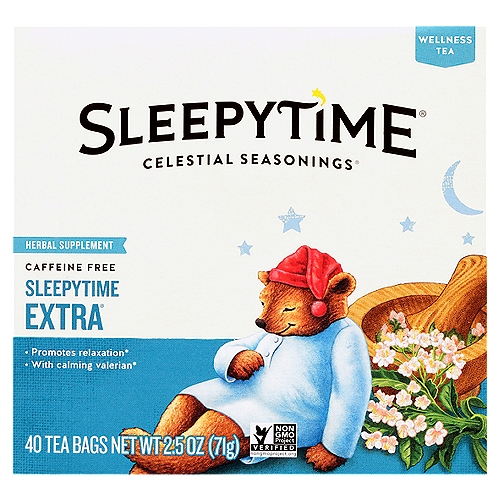 Celestial Seasonings® Sleepytime® Extra® Caffeine Free Herbal Supplement Tea Bags 40 ct Box
Promotes relaxation*
With calming valerian*

This relaxing herbal tea starts with our time-honored Sleepytime® blend of chamomile, spearmint and other soothing herbs. We then add valerian, long trusted as a natural sleep aid, for an especially calming cup.*
*These statements have not been evaluated by the Food & Drug Administration. This product is not intended to diagnose, treat, cure or prevent any disease.

Blended with Care from Seed to Sip
Responsible Sourcing. We purchase most of our ingredients directly from the farming communities that grow them.
Quality Ingredients. We blend our teas from the finest ingredients, with no artificial flavors, colors or preservatives.
Sustainable Packaging. We use tea bags without strings, tags or staples, keeping tons of material out of landfills every year.