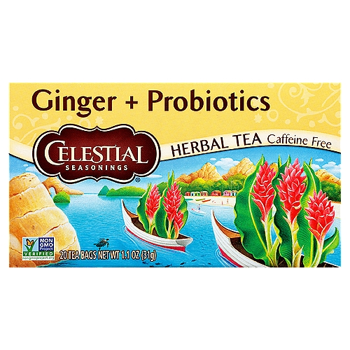 Celestial SEASONING Ginger + Probiotics Herbal Tea Bags, 16 count, 0.85 oz
Blendmaster's Notes
Ginger + Probiotics 
''Ginger is paired with lively spices like sweet cinnamon and earthy cardamom. We've also added probiotics to this soothing and warming blend to nourish the body.''
Charlie Baden,
Celestial Seasonings Blendmaster