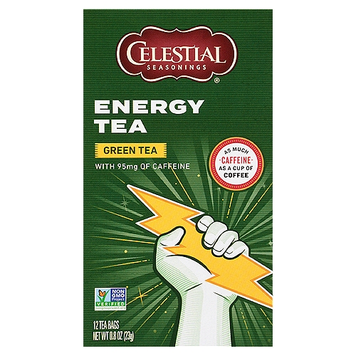 Celestial Seasonings® Energy Tea Green Tea Bags 12 ct Box
Our Energy Green Tea is full of flavor and caffeine. With as much caffeine as a cup of coffee, this blend offers an extra boost of energy-perfect for getting you out of bed in the morning, or getting you out of a mid-afternoon slump. Its sweet peach flavor profile makes this Green Tea equally as delicious as it is energizing.

Some days you need a little extra caffeine to get you going, but coffee isn't what you're craving. That's when our Energy Teas come in.