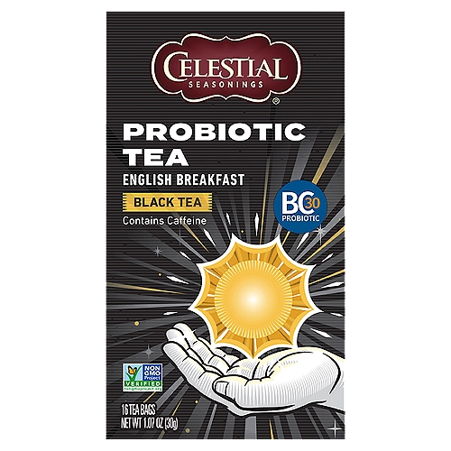Celestial SEASONINGS Probiotic English Breakfast Black Tea Bags, 16 count, 1.07 oz
Our Probiotic Black Tea features full-bodied flavor and active ingredients that nourish the body. With a smooth English Breakfast finish and probiotics to offer some extra support, this blend tastes great and is great for you.

Probiotics are believed to help maintain everyday wellness. With this Probiotic Black Tea, we've combined probiotic support with delicious flavor, making sipping on a nourishing blend as easy as can be.

3 tea bags per day provide 500 million CFU probiotics at time of manufacture.