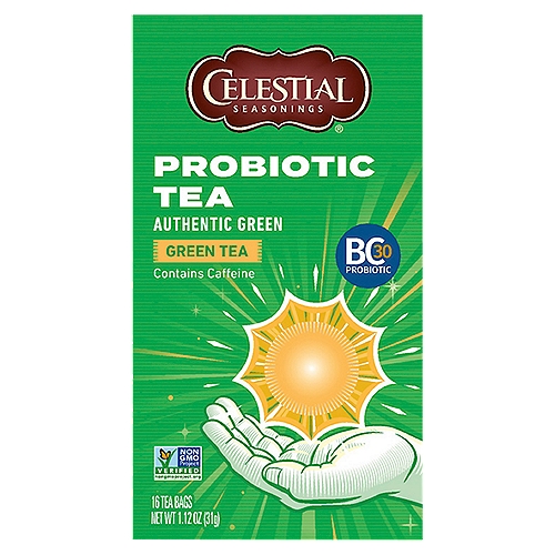 CELESTIAL SEASONINGS Probiotic Authentic Green Tea Bags, 16 count, 1.12 oz
Our Authentic Green Probiotic Tea features robust flavor and active ingredients to support the body. The combination of probiotics, pan-fired green tea and white tea work together to create a nourishing blend, while antioxidant vitamin C offers extra support.
Probiotics are believed to help maintain everyday wellness. With this Probiotic Green Tea, we've combined probiotic support with delicious flavor, making sipping on a nourishing blend as easy as can be.