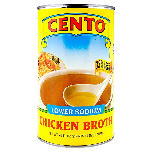 30% Less Sodium* than our all purpose chicken broth.n*Contains 590mg sodium per serving compared to 860mg sodium in Cento All Purpose Chicken Broth.