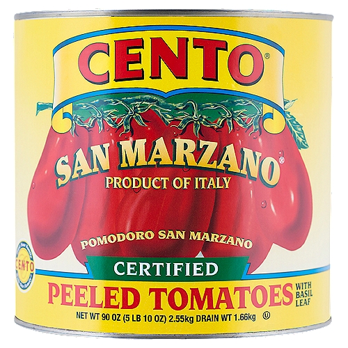 Cento San Marzano Certified Whole Peeled Tomatoes with Basil Leaf, 90 oz
Distinct in flavor; these Cento San Marzano Tomatoes are grown in the Sarnese Nocerino area of Italy, renowned for its especially fruitful soil as a result of its proximity to Mount Vesuvius.

These San Marzano tomatoes are certified by an independent third-party agency and are produced with the proper method to ensure superior quality.
