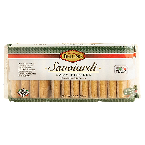Bellino Savoiardi Lady Fingers, 2 count, 7 oz
Bellino Savoiardi, or ''lady fingers'', are sweet, light and delicate oval-shaped biscuits used as a versatile ingredient in many desserts.
Enjoy as a delightful accompaniment to ice cream and pudding or simply with fresh strawberries and whipped cream.