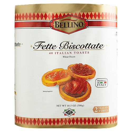 Bellino Fette Biscottate Wheat Italian Toasts, 2 count, 10.5 oz
In Italy, a traditional breakfast typically includes an espresso or cappuccino enjoyed with a pastry, sweet bread, or fette biscottate. Fette biscottate is a fragrant twice-baked bread with a sweet flavor and light, crisp texture that makes a delicious base to accompany your favorite toppings and spreads. Enjoy Bellino Fette Biscottate with our sweet and savory pairings below.