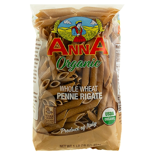 Anna Organic Whole Wheat Penne Rigate Pasta, 1 lb
Anna Organic Whole Wheat Pasta combines pure water and organic 100% whole wheat to create a high quality, nutritious product consistent in taste, color and cook time. Certified USDA Organic and made with 100% whole wheat, this pasta is perfect for those looking to increase their fiber and whole grain intake without sacrificing taste. Anna Pasta is produced and packaged in Italy using the traditional methods of pasta production, yet still provides the best consumer value.