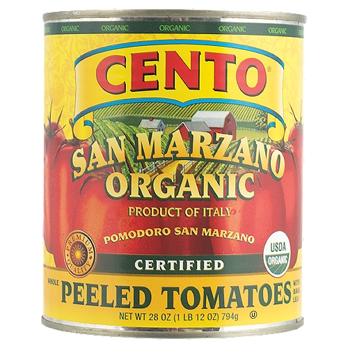 Cento San Marzano Organic Certified Whole Peeled Tomatoes with Basil Leaf, 28 oz
Distinct in flavor, these Cento San Marzano Tomatoes are grown in the Sarnese Nocerino area of Italy, renowned for its especially fruitful soil as a result of its proximity to Mount Vesuvius.
These San Marzano tomatoes are certified by an independent third-party agency and are produced with the proper method to ensure superior quality.