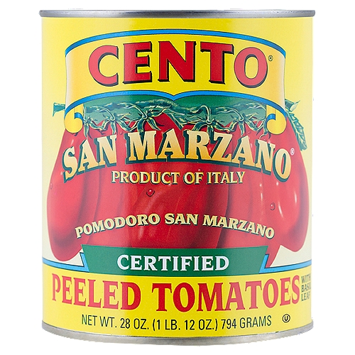 Cento San Marzano Certified Whole Peeled Tomatoes with Basil Leaf, 28 oz
Distinct in flavor, these Cento® San Marzano tomatoes are grown in the Sarnese Nocerino area of Italy, renowned for its especially fruitful soil as a result of its proximity to Mount Vesuvius.
These San Marzano tomatoes are certified by an independent third-party agency and are produced with the proper method to ensure superior quality.